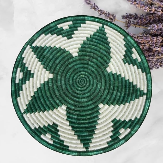 Handwoven African Basket Handmade sisal Fruit Bowl Wall Hanging decorative Baskets for Home Living Room Kitchen Centerpiece Zen Designs Arts and Crafts (Dark Green White, 12in diameter)