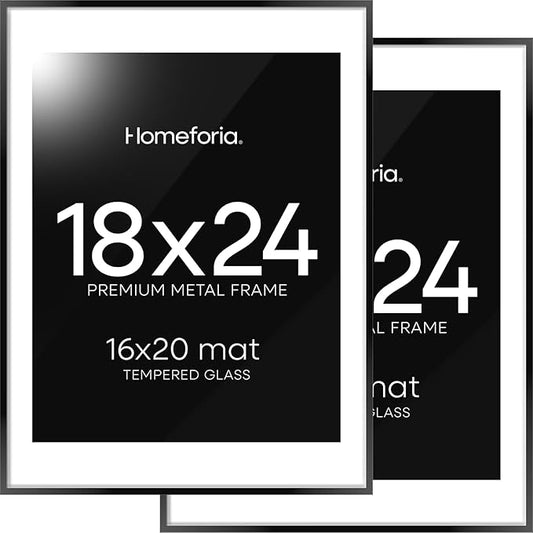 Homeforia 18x24 Poster Frame Black, High End Metal 18 x 24 Picture Frames with Mat 16 by 20 inch Photo, 18x24 Black Frame Matted to 16x20 Print, 24x18 Hanging Frame, Tempered Glass, Wall Kit, Set of 2
