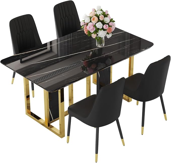 TesNus 63" Black Dining Table Set for 4 with Chairs,Modern Faux Marble Rectangular Kitchen Table and Chairs Set Luxury 5 Piece Dining Room Set with Gold Metal Legs,Easy Assemble,Stable Base