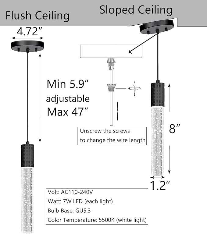 Set of 2 Pendant Lights for Kitchen Island, White Light, Black Crystal Linear Pendant Lighting, Bar Corner LED Light Fixture