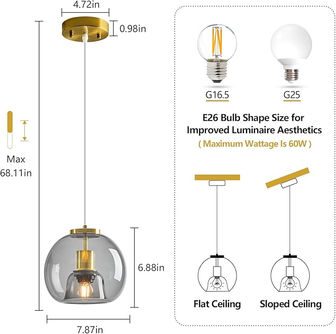 Light Grey Glass Pendant Lights Kitchen Island Gold Hanging Light Fixture Glass Globe Pendant Light Modern Pendant Lighting for Kitchen Island Bedroom Dining Room (7.87", 1 Pack)