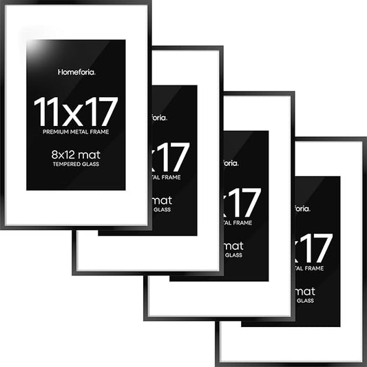 Homeforia 11 x 17 Picture Frame Black, High End Metal 11x17 Poster Frames with Mat 8x12 for Photo, 11 x 17 Black Frame Matted to 8 x 12 inch Print, 17x11 Thin Frame, Tempered Glass, Wall Kit, Set of 4