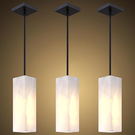 Natural Alabaster Square Marble Hanging Kitchen Island Modern Industrial Farmhouse Pendant Ceiling Light Fixture,3 Pack Black Finish Over Sink Restaurant bar Corridor