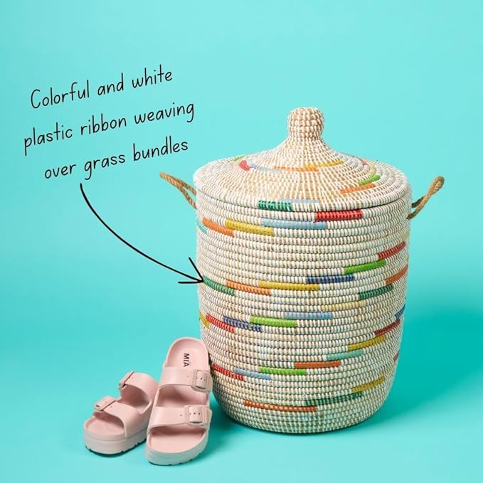 Basket for Decor, Organizing, Storage - Living Room Blankets, Nursery Toys, Laundry, Towels, Pillows, Comforter, Cushion - Wicker, Woven, Round, Lid and Handles, Colors on White (3pcs Set)