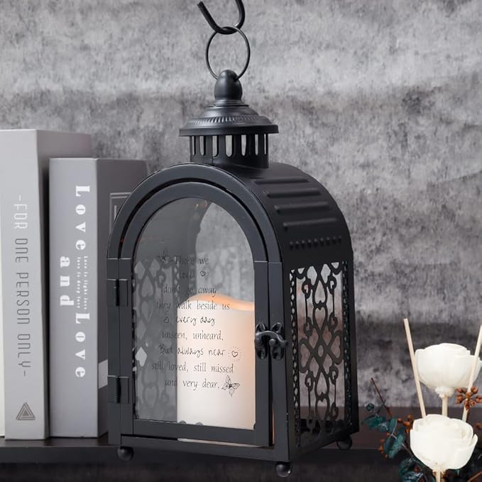 TRIROCKS Memorial Lantern 11'' High Walk Beside Us Remembrance Lantern With Automatic Timer LED Candle And Love Pattern Bereavement Sympathy Gifts For Funeral Memorial Service Loss of Loved One(Black)