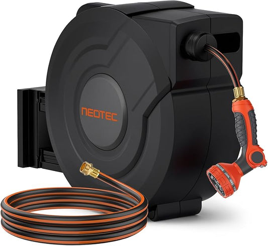 NEOTEC Retractable Garden Hose Reel 1/2 inch x 130ft - Wall Mounted Heavy Duty Hose Reel with 3/4 Inch Brass Fittings & 9-Pattern Nozzle - Auto Rewind System, Any Length Lock, 180° Swivel Bracket