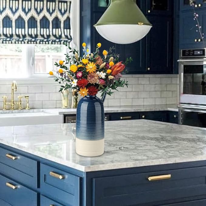 12.5" Blue Ceramic Vase for Home Decor Large Decorative Vase Boho Pottery Bud Vase for Flowers Rustic Farmhouse Tall Single Flower Vase for Centerpieces Pampas Grass