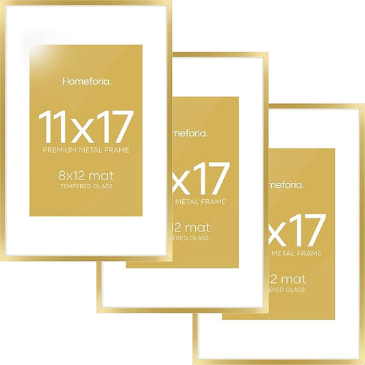 Homeforia 11x17 Picture Frame Gold, High End Metal 11x17 Poster Frames with Mat 8x12 for Photo, 11 x 17 Gold Frame Matted to 8 by 12 Print, 17x11 Thin Hanging Frame, Tempered Glass, Wall Kit, Set of 3