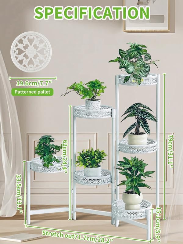 6 Tier Metal Plant Stand, 6 Potted Multiple Flower Pot Holder Shelf, Indoor&Outdoor Folding Planter Display Shelves for Patio Garden, Living Room, Corner Balcony, Bedroom - WhiteWave