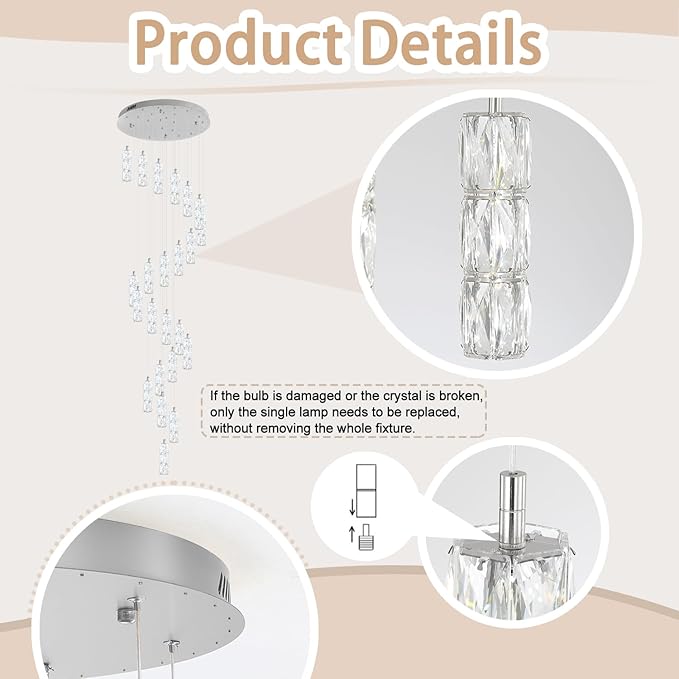 H150in High Ceiling Chandelier for Foyer Entrance 24-Light Crystal Silver Chandelier Light Fixture Large Ceiling Light for Living Room Staircase Hallway Dining Room