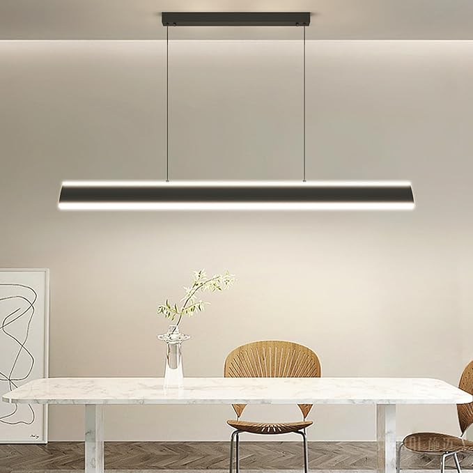 Linear Pendant Lights Kitchen Island, Dimmable LED Chandeliers for Dining Room, Modern Billiard Room Pool Table Light Ceiling Pendant Lamp for Bar Office, Black, Adjustable Height