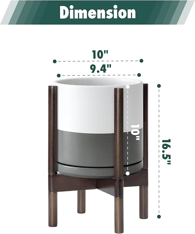 D'vine Dev Ceramic Planter with Walnut Color Stand - 10 Inch Modern Round Flower Pot with Wood Planter Holder, White/Grey, 55-B-X-6
