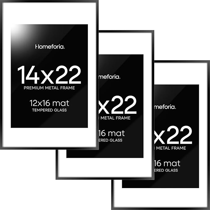 Homeforia 14x22 Picture Frame Black, High End Metal 14 x 22 Poster Frames with Mat 12 x 16 for Photo, 14x22 Black Frame Matted to 12x16 inch Print, 22x14 Thin Frame, Tempered Glass, Wall Kit, Set of 3