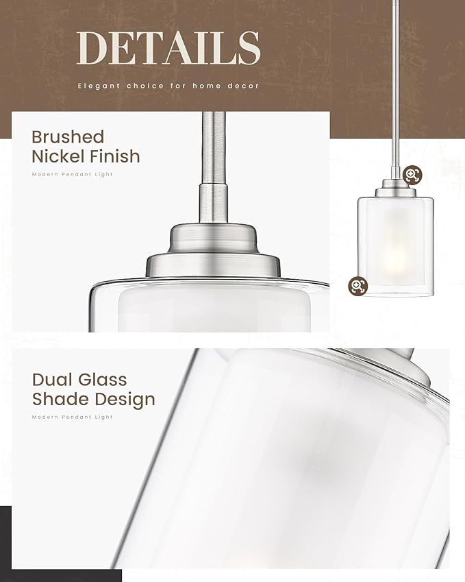 TENGXIN Modern Pendant Light,Brushed Nickel Modern Pendant Light for Kitchen Island,Hanging Ceiling Light Fixture,Farmhouse Pendant Lighting for Dining Room Bedroom Bar Office,TXPLBN02