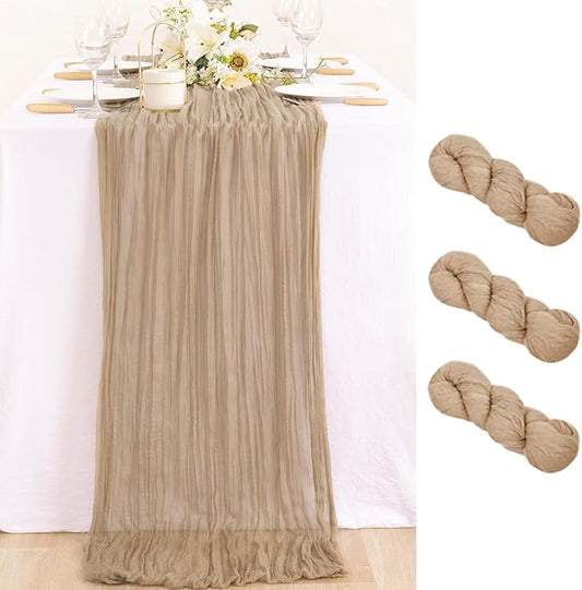 MLMC 3 Pack Nude Cheesecloth Table Runner 10ft Boho Rustic Gauze Taupe Cheese Cloth Table Runner Neutral Fall Decor 35x120 Inches for Wedding Reception Outdoor Party Decor