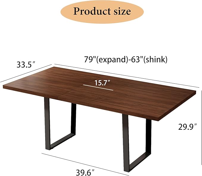 ZckyCine 79" Expandable Walnut Dining Table with 6 PU Leather Chairs, 7-Piece Modern Dining Set, Sturdy Metal Legs, Adjustable 63"-79" Rectangle Table for Kitchen & Dining Room