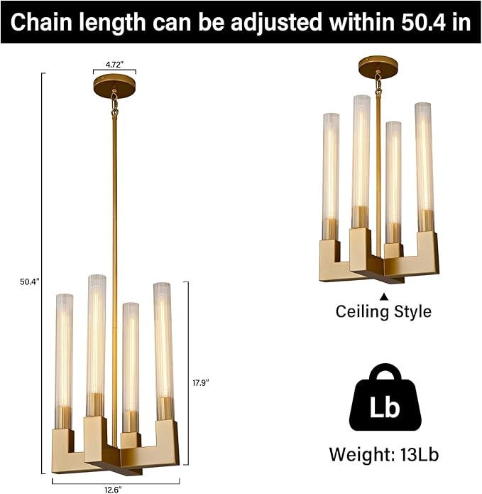 Glass Tube Gold Pendant Lights Kitchen Island, Adjustable Cord Modern Pendant Light Fixtures,Kitchen Pendant Lighting Over Island,Indoor Chandeliers for Bedroom, Included Bulb