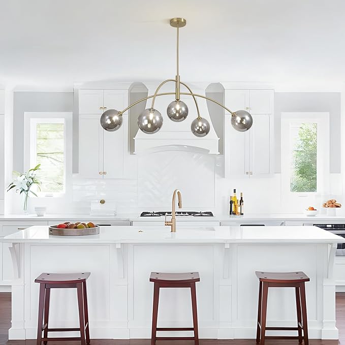 Modern Gold Chandelier 5 Light Smoke Gray Semi Flush Mount Chandelier Vintage Industrial Ceiling Light Dining Room Chandelier for Kitchen Bedroom Hallway