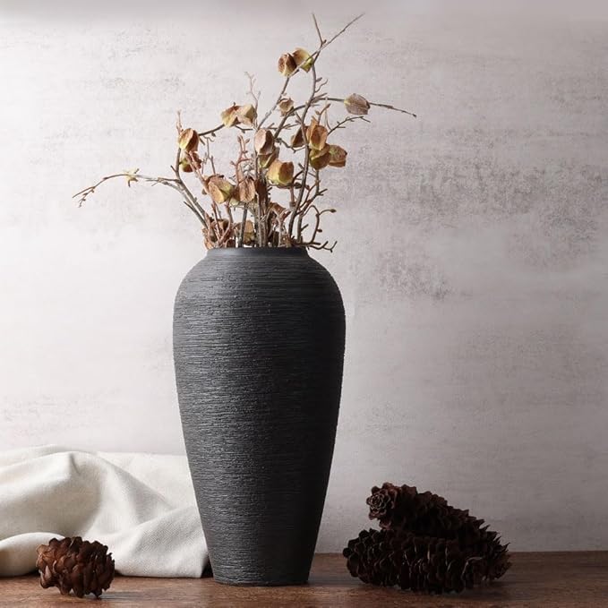 Rustic Farmhouse Flower Vase - 13.4 Inch Large Black Ceramic Vase for Modern Farmhouse Decor, Centerpiece, Dining Table, Entryway, Living Room