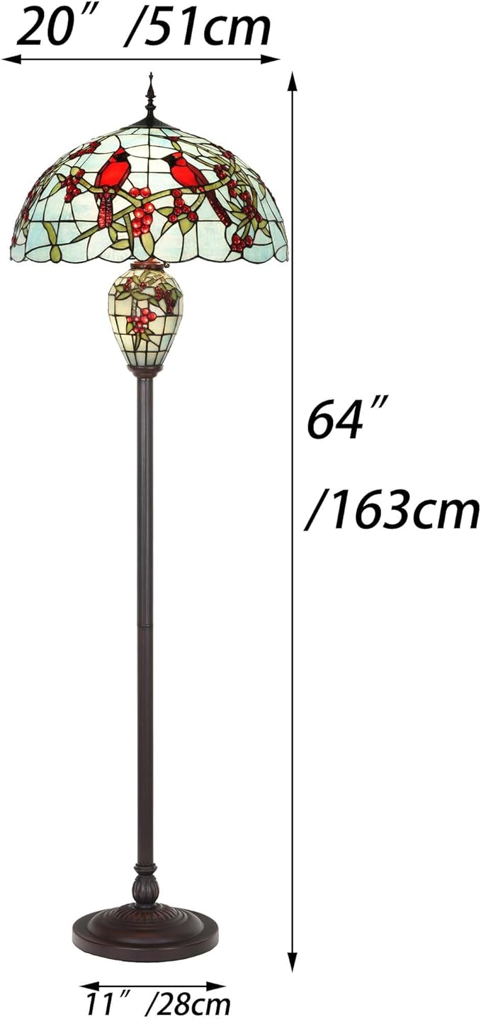 Bieye L10894 Red Cardinals on Holly Branches Tiffany Style Stained Glass Floor Lamp with 20-inch Wide Lampshade, Double-Lit, 64-inch Tall
