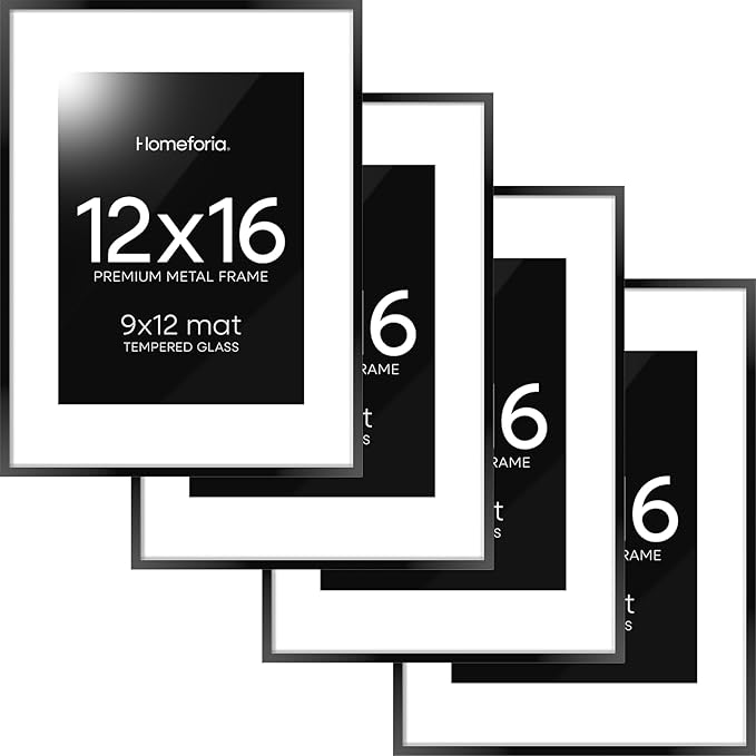 Homeforia 12x16 Picture Frame Black, High End Metal 12x16 Poster Frames with Mat 9x12 for Photo, 12 x 16 Black Frame Matted to 9 by 12 inch Print, 16x12 Thin Frames, Tempered Glass, Wall Kit, Set of 4