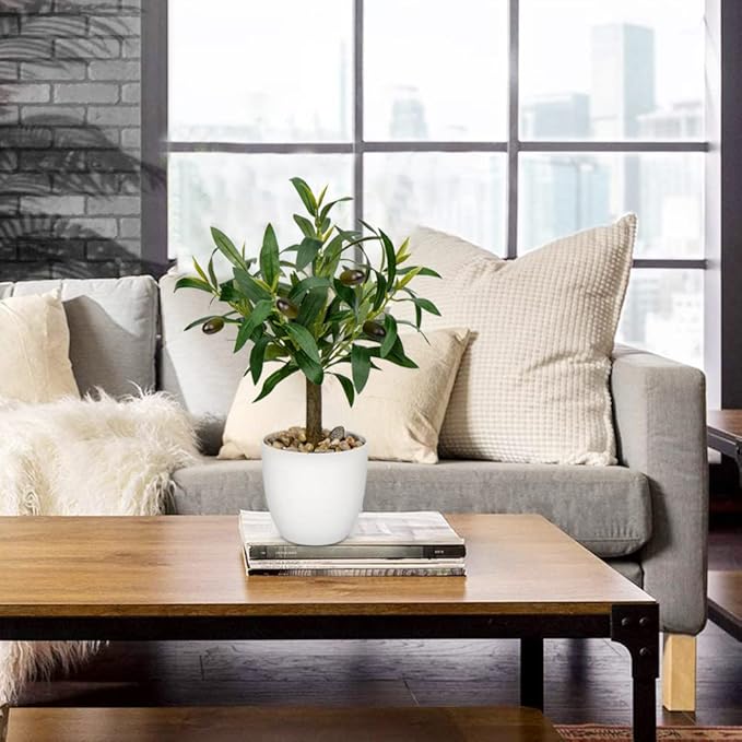 Artificial Olive Tree15'' Small Faux OliveTree Fake Olive Plants with White Pot for Home Bedroom Table Shelf Office Hotel Decor, Briful