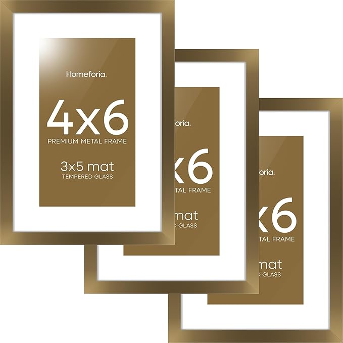 Homeforia 4x6 Picture Frame Bronze, High End Metal 4 x 6 Brass Frames with Mat 3 x 5 for Art, 4x6 Desk Frame Matted to 3x5 inch Photo, 4 by 6 Wall or Tabletop Frame, Tempered Glass, Wall Kit, Set of 3
