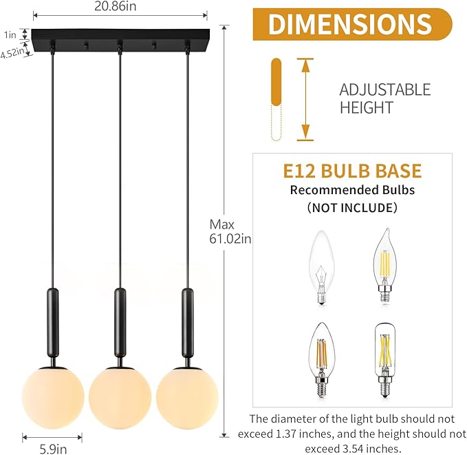 Modern Black Pendant Lights Kitchen Island Mid Century with Globe Pendant Light Milk White Glass Pendant Lighting for Living Room Bedroom Entryway (3 Lights)