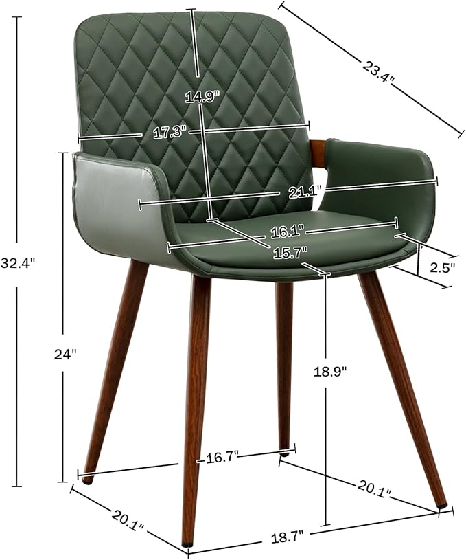LUNLING Mid Century Modern Faux Leather Dining Chairs Set of 4,Green Upholstered Seat,Metal Legs,Adjustable Foot for Kitchen Dining Room Desk Chairs