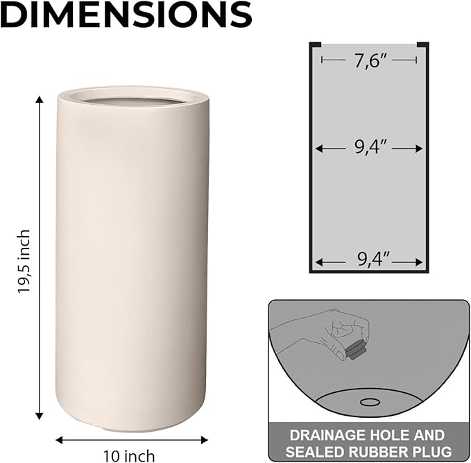 19.5" H x 9.8" D Tubo Fiberstone Cylinder Tall Planter with Drainage Hole, Smooth Finishes, for Indoor and Outdoor Use, Included 2 Extra Coco Mats (Kilim Beige, 8.2" Pot Opening)