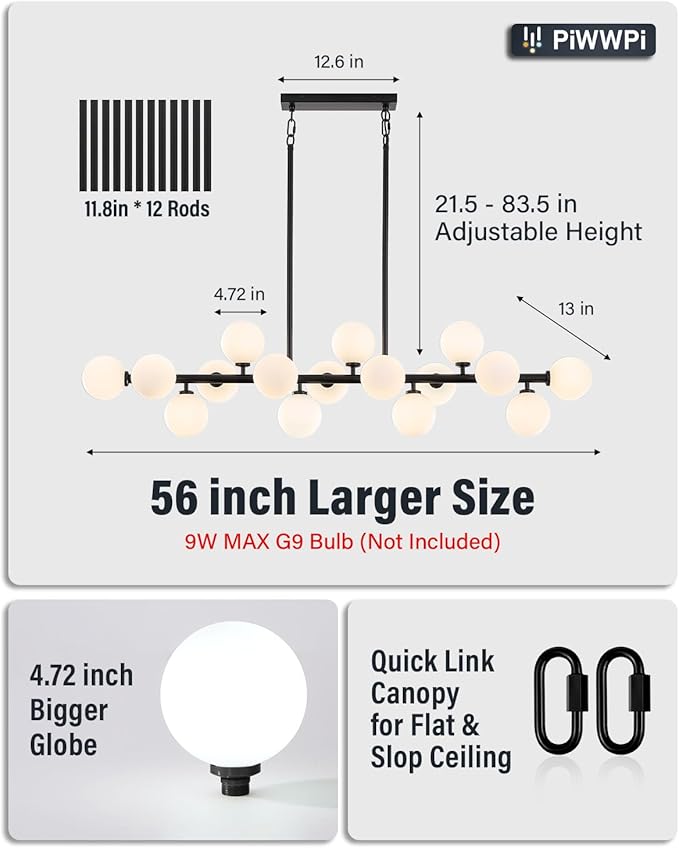 Modern Chandeliers for Dining Room Kitchen Island, 55" Long Large Linear Sputnik Globe Chandelier, 16-Light Mid Century Modern Light Fixture Over Table, Black and Milk White Bubble, GC-08