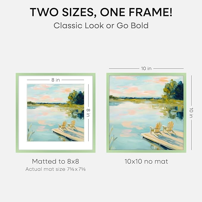 Homeforia 10x10 Picture Frame Sage Green, High End Metal 10 by 10 Square Frames with Mat 8 x 8 Photo, 10by10 Poster Frame Matted to 8x8 Art, Wall or Tabletop Frames, Tempered Glass, Wall Kit, Set of 1