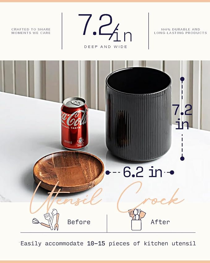 getstar 360° Rotating Large Kitchen Utensil Holder, Ceramic Cooking Utensil Holder for Kitchen Counter with Rotatable and Detachable Wooden Base (Black)