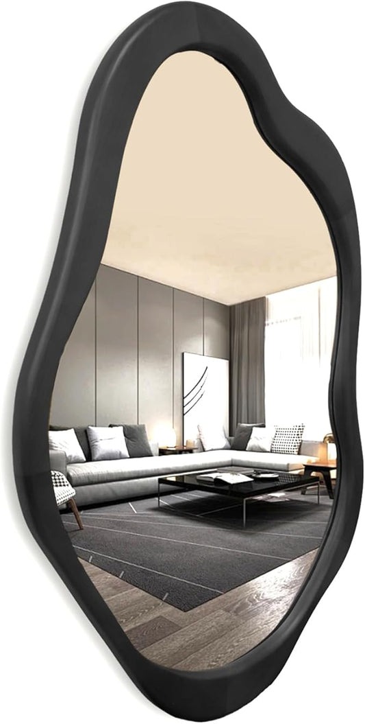 Wavy Mirror, Cloud Mirror, Irregular Wall Mirror with Wood Frame, Modern Decorative Mirror with Hanging Hooks, Asymmetrical Mirror for Bedroom Living Room Entryway (Black, 32×20)