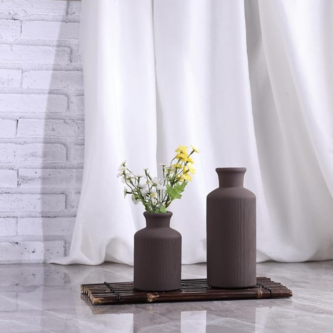 Brown Ceramic Vase Set of 3 – Small Flower Vases, Modern Farmhouse Boho Flower Vases for Home Decor, Rustic Pottery Vases for Centerpieces, Living Room, Shelf, Fireplace, Entryway Decor, Table
