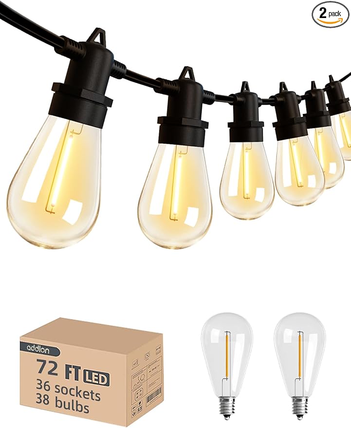 addlon 72FT(2FT Space) LED Outdoor String Lights with 36 Edison Shatterproof Bulbs, Heavy-Duty and Weatherproof Strand, Commercial Grade Patio Lights, Decorative for Patio, Black