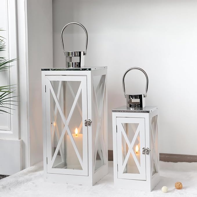 TRIROCKS Set of 2 Farmhouse Wood Lantern 17.5''&24.5'' Metal Decorative Outdoor Lantern with Tempered Glass Rustic Candle Holder for Thanksgiving Christmas Patio Garden Indoor Outdoor(White Rectangle)