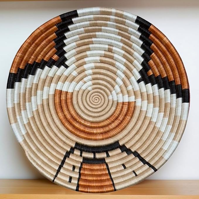 Handwoven African Basket Handmade sisal Fruit Bowl Wall Hanging decorative Baskets for Home Living Room Kitchen Centerpiece Zen Designs Arts and Crafts (Tan Teja Natural Black, 8in diameter)