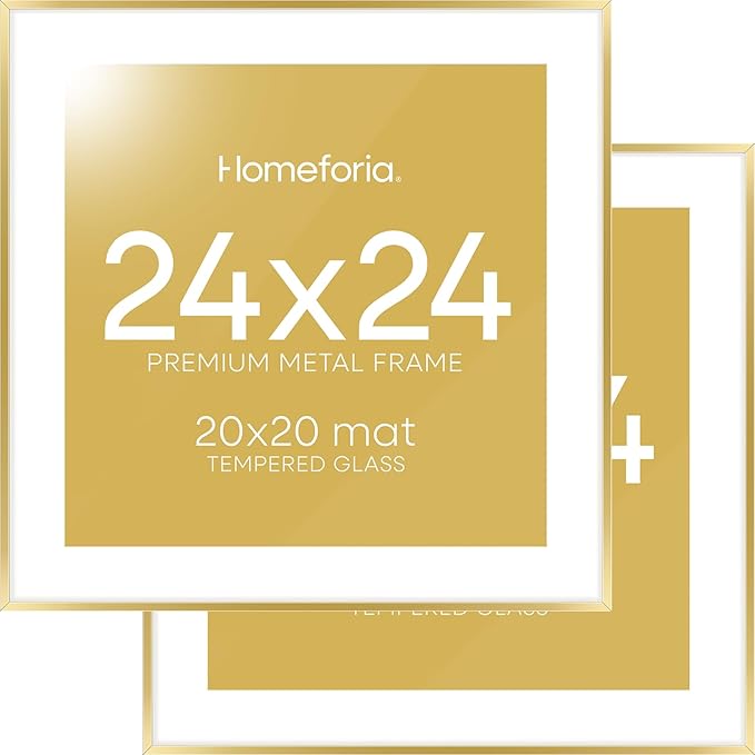 Homeforia 24x24 Gold Square Frame, High End Metal 24 x 24 Large Gold Poster Frames with Mat 20 by 20 for Photo, 24by24 Thin Picture Frame Matted to 20x20 inch Print, Tempered Glass, Wall Kit, Set of 2