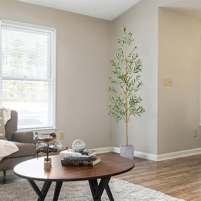 7.8ft (93”) Artificial Olive Tree, Tall Fake Olive Plant with Basket, Indoor Outdoor Faux Olive Silk Tree for Home Livingroom Office Floor Decor (Natural Green Leaves)