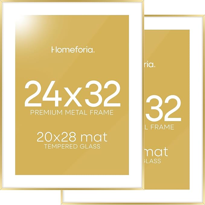 Homeforia 24x32 Poster Frame Gold, High End Metal 24 x 32 Large Picture Frames with Mat 20 by 28 for Photo, 24x32 Gold Frame Matted to 20x28 inch Print, 32x24 Frame, Tempered Glass, Wall Kit, Set of 2