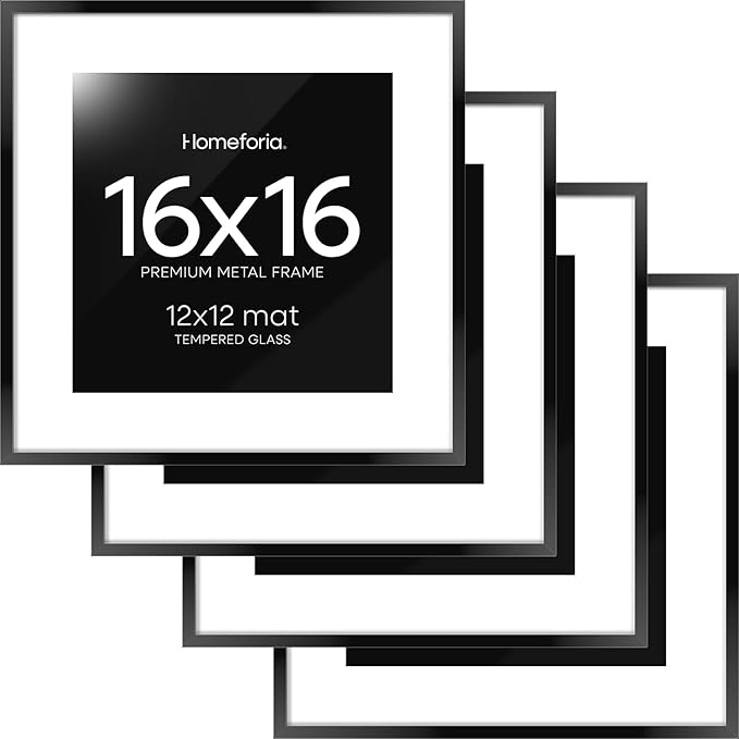 Homeforia 16x16 Picture Frame Black, High End Metal 16x16 Square Poster Frame Matted to 12x12 Print, 16 x 16 Black Frames with Mat 12 x 12 Photo, 16by16 Thin Frames, Tempered Glass, Wall Kit, Set of 4
