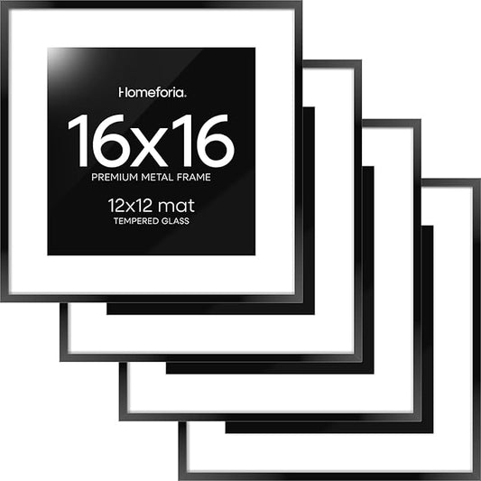 Homeforia 16x16 Picture Frame Black, High End Metal 16x16 Square Poster Frame Matted to 12x12 Print, 16 x 16 Black Frames with Mat 12 x 12 Photo, 16by16 Thin Frames, Tempered Glass, Wall Kit, Set of 4