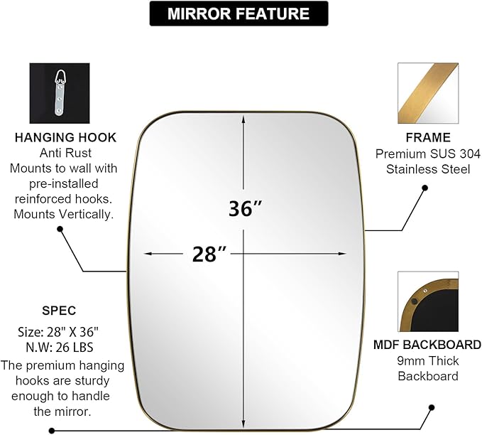 ANDY STAR Gold Mirror for Bathroom, 28x36 Inch Stainless Steel Metal Frame Oblong Bathroom Mirror for Vanity, 1’’ Deep Wall Mounted Vertically/Horizontal