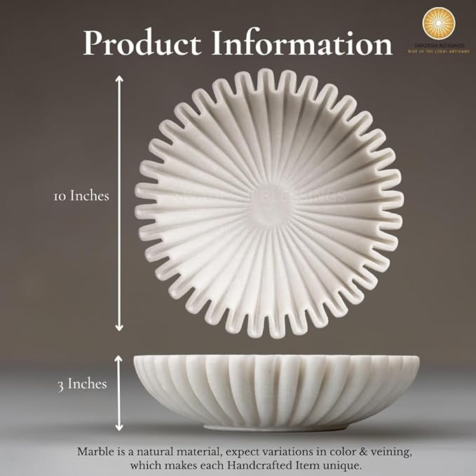 SWADESHI BLESSINGS HandCrafted Marble Ruffle Bowl/Antique Scallop Bowl/Fruit Bowl/Vintage Ring Dish/Decorative Flower Dish/HouseWarming Gift/Wedding Gifts/Urli (10 Inches)