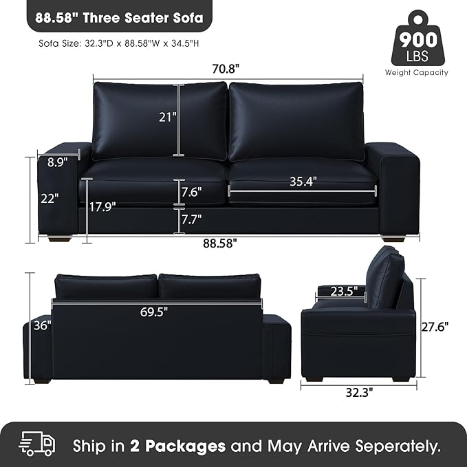 Faux Leather Couch, Mid Century Modern Comfy Loveseat Sofa with Wide Arm, Side Pockets, Solid Wooden Frame for Office, Living Room and Bedroom, 3 Seater (Blue, 88.58 inches)