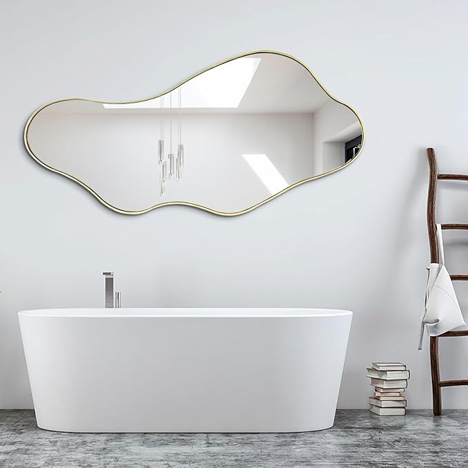 Large Irregular Mirror, 63"x29.2" Asymmetrical Mirrors Full Length, Abstract Wall Mirror Decorative, Waved Shaped Mirrors for Living Room Dressing Bathroom Bedroom Hallway Entryway