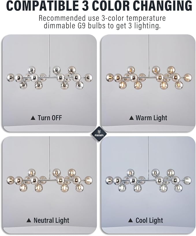 Glass Globe Sputnik Chandelier, 16-Light Mid Century Modern Light Fixture Over Table, Linear Chandeliers for Dining Room, Kitchen Island, Chrome and Smoke Grey Bubble, 40 Inch, GC-02