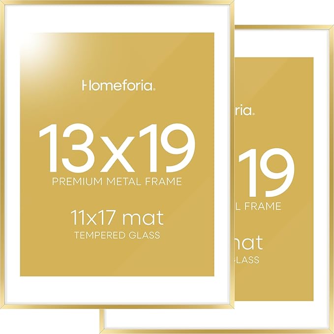 Homeforia 13x19 Picture Frame Gold, High End Metal 13x19 Poster Frames with Mat 11x17 Photo, 13 x 19 Gold Frames Matted to 11 by 17 Print, 19x13 Thin Hanging Frames, Tempered Glass, Wall Kit, Set of 2