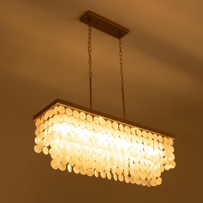 TOCHIC Rectangular Capiz Shell Chandelier, Coastal Beach Lighting 6 Lights, Modern Gold Chandelier Shell Pendant Light for Kitchen Island, Dining Rooms, 2 Tier, 39.3in L